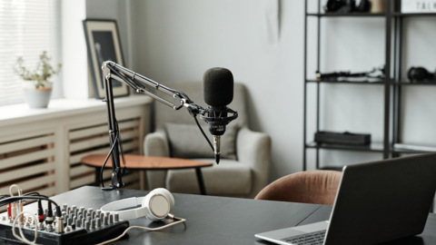 Podcast room filled with podcast equipment.