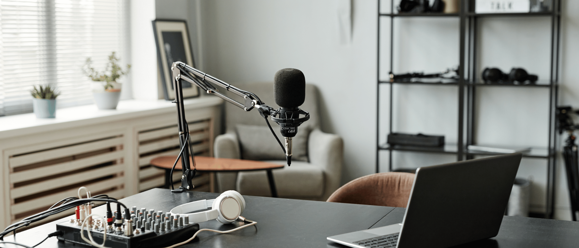 Podcast room filled with podcast equipment.